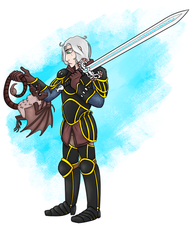 Flat colors, shading, lighting, additional character, really simple background, armor fee
